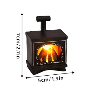 Mini LED fireplace ornament with glowing wood effect and dimensions 7cm x 5cm