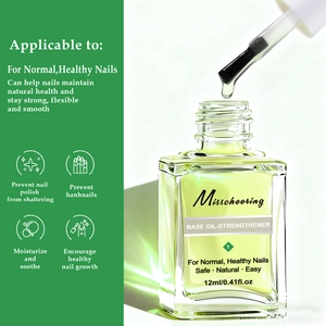 Detail of nail strengthener base oil with brush showing liquid texture and features