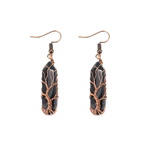 Detailed wire-wrapped Tree of Life design on black crystal hexagonal pillar earrings