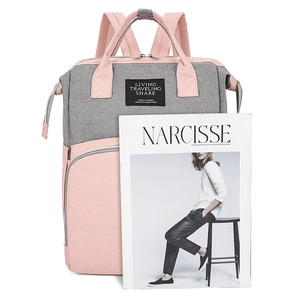 Durable gray and pink oxford fabric diaper backpack with large capacity and top handles