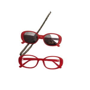 Red oval kids sunglasses with UV400 protection, clear frames and braided lanyard