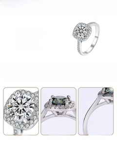 Macro detail of S925 sterling silver square halo moissanite ring with D color stone