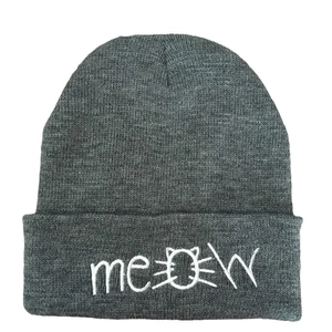 Dark grey knitted beanie featuring white meow embroidery with a cat face detail