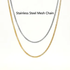 18K gold and silver stainless steel snake bone mesh chain necklaces set on white background