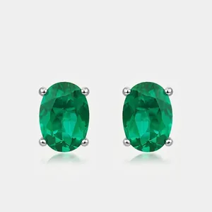 Oval Lab Created Emerald Stud Earrings With 925 Sterling Silver Earring Post Vintage Minimalist Luxury Jewelry Women