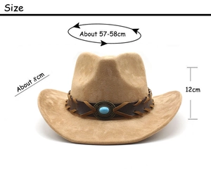 Detail of western fedora hat size dimensions: 57-58cm brim, 8cm wide, 12cm crown height