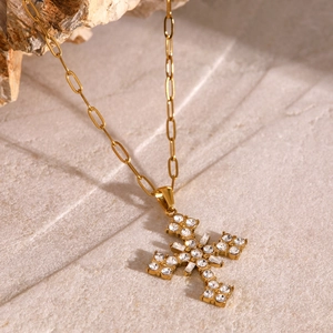 18k gold plated stainless steel necklace with zircon cross pendant on paperclip chain