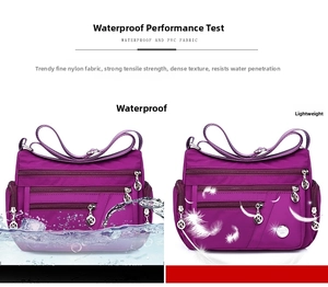 Detail view of purple waterproof nylon bag showing splash proof and lightweight features