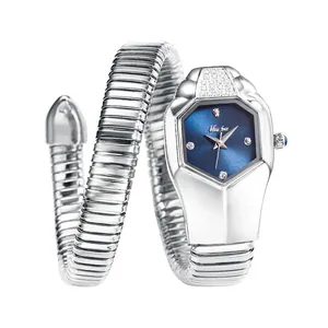 Silver snake-shaped wrap watch for women with blue dial and crystal-studded bezel