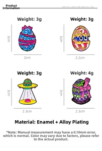 Detail view of cartoon enamel dinosaur pins with size and weight measurements on white background