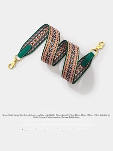 Detail of 3.8cm wide woven green strap with colorful wavy patterns and gold clasps