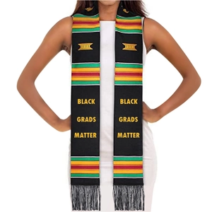 Black Kente style graduation stole featuring Black Grads Matter text and fringes