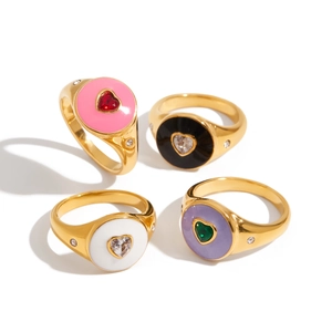 Heart Enamel Signet Ring Zircon Inlaid Stainless Steel 18K Gold Plated Sweet Romantic Jewelry For Women