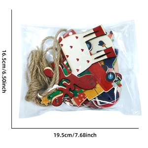 Detail of Christmas wooden ornaments set with dimensions in 19.5cm by 16.5cm packaging