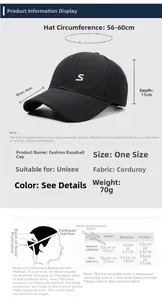 Detailed size guide for corduroy baseball cap with dimensions and head measurement tips