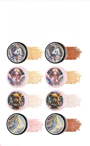 Macro display of 8 loose powder shades with artistic lids and waterproof powder texture