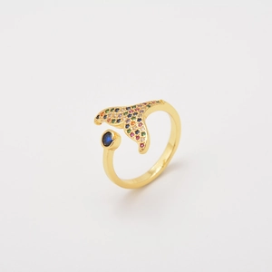 Adjustable gold plated whale tail ring with colorful zircon stones and blue gem accent