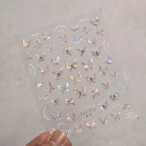Detail shot of MS 574 3D holographic butterfly nail stickers with crystal diamond accents