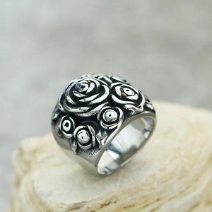 Retro titanium steel ring with 3D rose flower relief carvings in antique silver finish