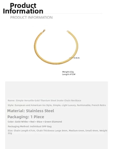 Detailed size chart of gold stainless steel herringbone chain in 4mm 6mm and 8mm widths