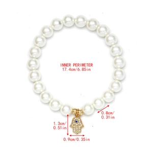 Hamsa hand pearl bracelet showing 17.4cm inner perimeter and 0.8cm pearl size detail
