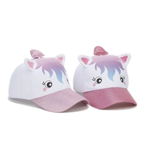 Detail of cartoon unicorn baseball cap with pink glitter brim and 3D decorative ears