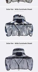 Détail du panneau solaire et ventilateur sur un chapeau de pêche camouflage à large bord