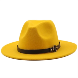 Classic bright yellow wool fedora hat with flat brim and black leather band decoration
