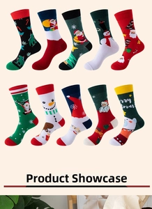 Close-up of 10-pack Christmas crew socks with Santa, snowman and festive patterns