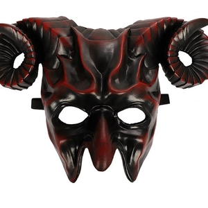 3D demonic mask with black and red gradient finish and curved horns for cosplay events