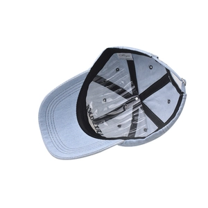 Detail view of denim baseball cap interior with sweatband and cross support bands