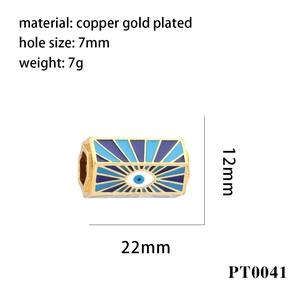 Detail view of Evil Eye rectangle charm with dimensions and gold-plated copper texture