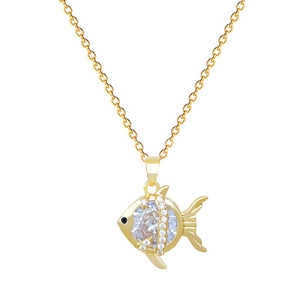 Elegant gold-plated goldfish pendant necklace with sparkling cubic zirconia on white background