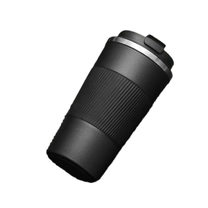 Minimalist double-walled stainless steel coffee tumbler with black silicone grip
