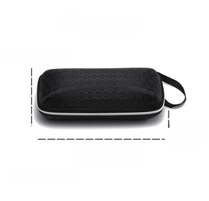 Detail view of a black hexagonal textured zipper eyewear case with precise measurements