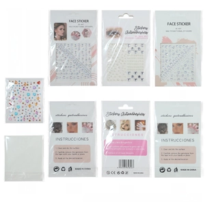 Front and back detail of self-adhesive face and nail stickers in multiple geometric shapes