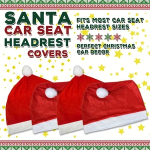 Detailed view of red and white plush Christmas hat car headrest covers in a 4-pack set
