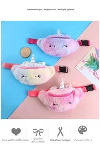 Detailed view of plush unicorn waist bags with colorful gradients and adjustable straps