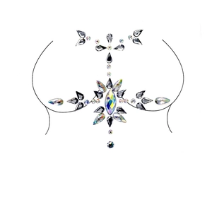 Detailed view of iridescent acrylic chest jewel sticker for rave and festival party