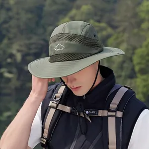 Army green wide brim sun hat with breathable mesh and adjustable chin strap