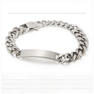 Detail of 210mm punk stainless steel Cuban link bracelet with a brushed metal plate