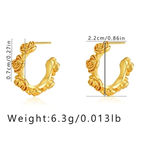 Detailed size view of 18K gold plated C-shaped earrings with embossed rose pattern