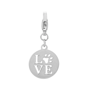 Close-up of polished stainless steel LOVE heart and paw print charm with lobster clasp