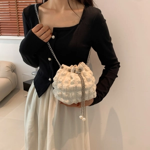 Pleated Fabric Bucket Bag With Chain Strap Artificial Pearl Pendant Drawstring Closure Trendy Shoulder Crossbody Handbag For Women