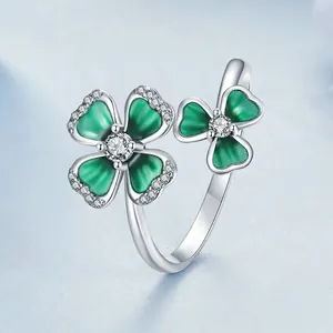 S925 sterling silver four-leaf clover open ring with green enamel and zircon stones