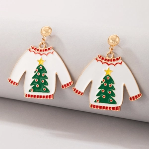 Detail of Christmas tree ugly sweater earrings with green enamel and gold studs