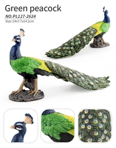 Detailed close-ups showing the texture, colorful feathers and dimensions of the green peacock model