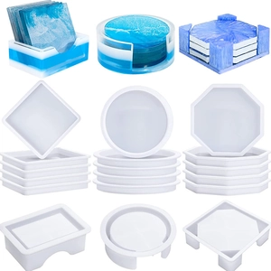 DIY silicone molds for resin coasters in square, round, and octagon shapes with storage box