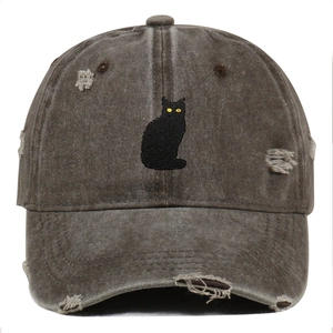 Washed dark brown cotton baseball cap with distressed details and black cat embroidery