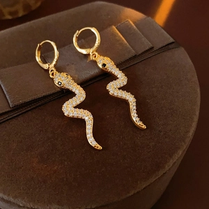 Snake Shaped Drop Hoop Earrings Gold Plated Copper With Zircon And Silver Earring Post Chic Animal Jewelry For Women
